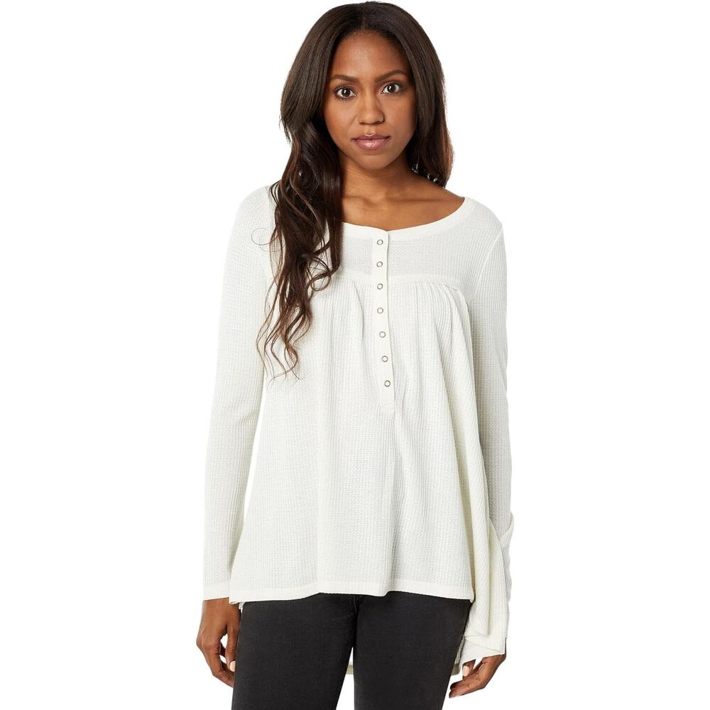 Lucky Brand Easy Open Neck Long Sleeve Waffle Top Whitecap Gray XS (US 0-2)